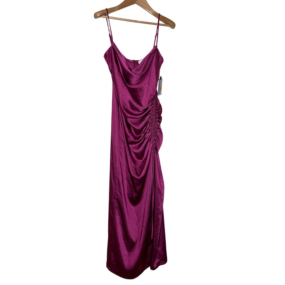 ASTR The Label Magenta Satin Cowl Neck Ruched Midi Dress Purple Size Small NEW